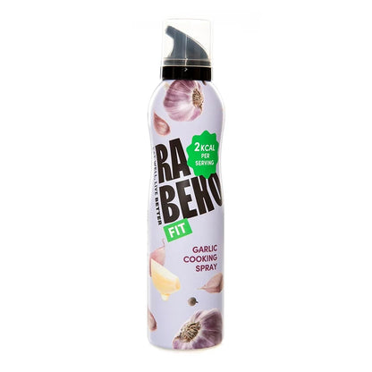 Ra Beko Fit Knoblauch-Kochspray in einer Sprühdose mit Knoblauch-Illustrationen