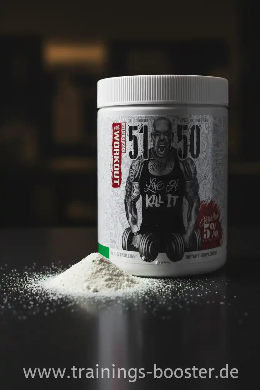 Trainingsbooster Pulver mit 51-50 Design, ideal für Workout & Fitness, enthält Citrullin und Koffein