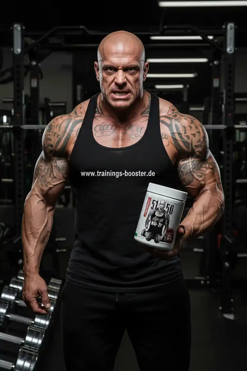 Muskulöser Bodybuilder mit Tattoos hält Nahrungsergänzungsmittel-Dose im Fitnessstudio