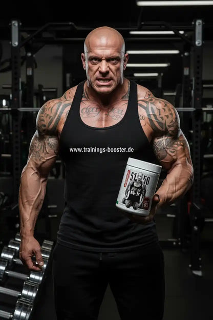 Muskulöser Bodybuilder mit Tattoos hält Nahrungsergänzungsmittel-Dose im Fitnessstudio