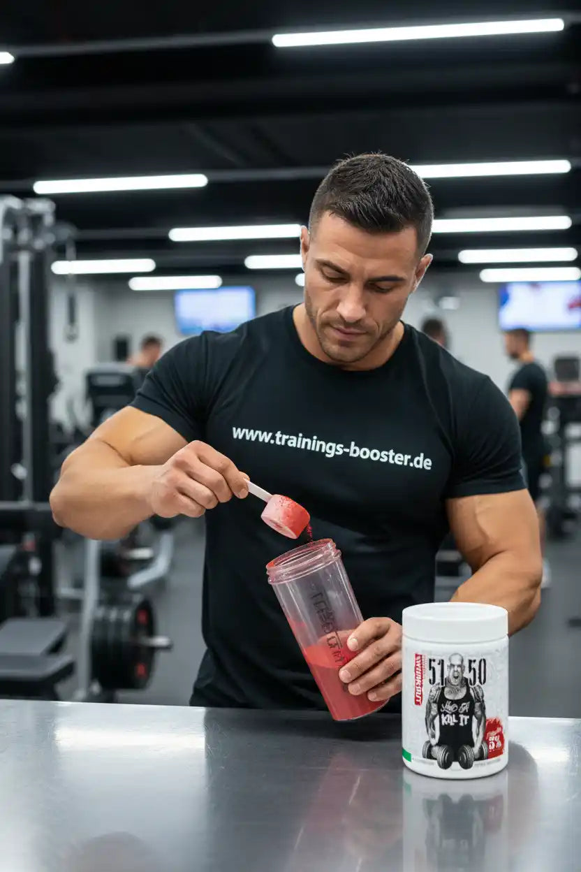 Muskulöser Mann bereitet Sportnahrung in Shaker vor, ideal für Fitness und Training