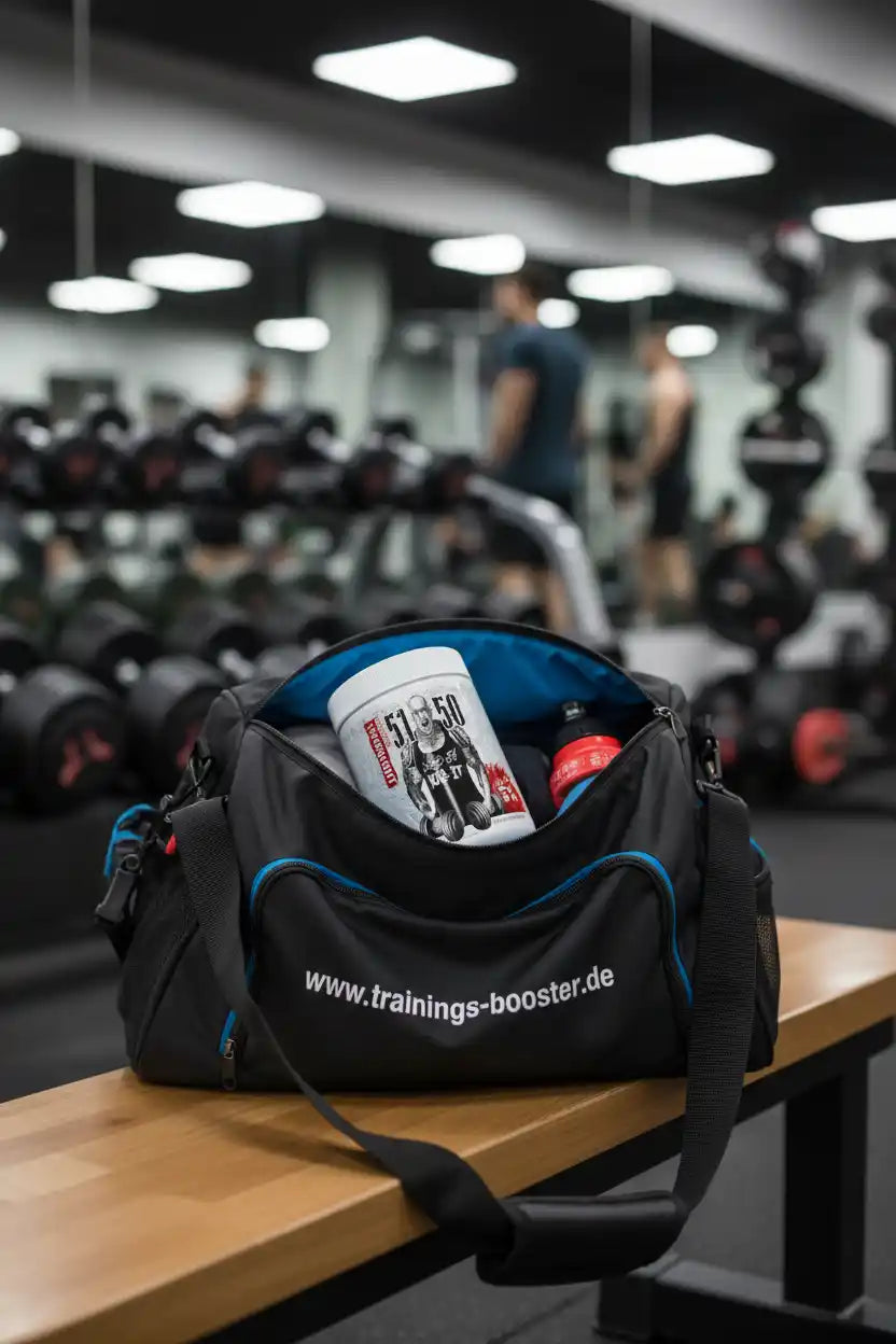 Fitness-Tasche mit Sportnahrung und Booster im Gym, ideal für Training und Muskelaufbau