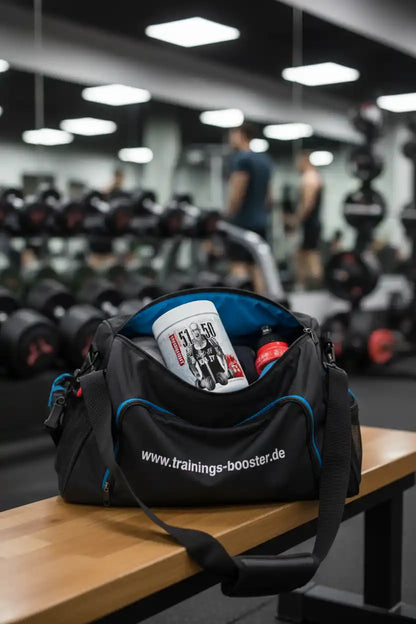 Fitness-Tasche mit Sportnahrung und Booster im Gym, ideal für Training und Muskelaufbau