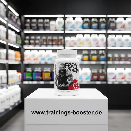 Freak Show Trainingsbooster in moderner Supplement-Shop-Auslage