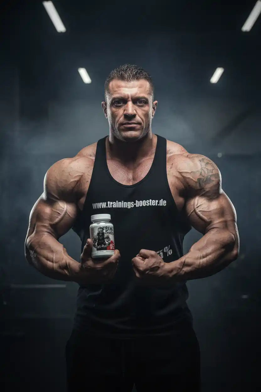 Muskulöser Mann mit Nahrungsergänzungsmittel-Booster in der Hand, Fitness und Krafttraining