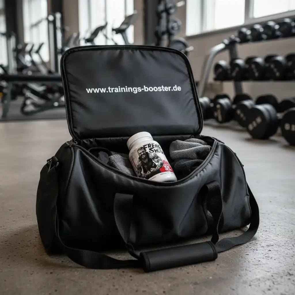Schwarze Fitness-Tasche mit Nahrungsergänzungsmittel und Handtuch im Gym