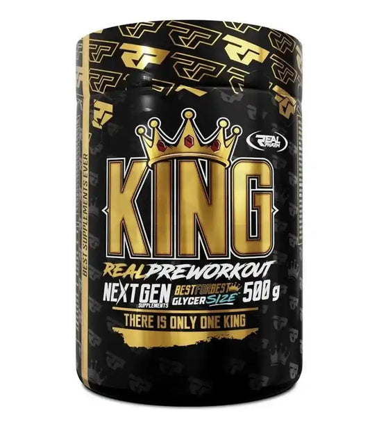 KING Pre-Workout Booster Dose mit goldener Krone, 500g, schwarze Verpackung für Fitness