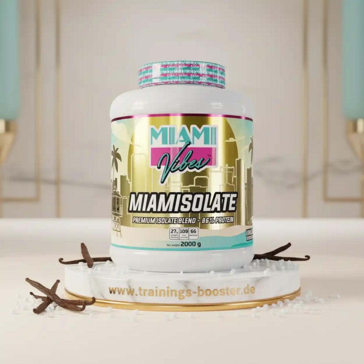 MIAMI VIBES MIAMISOLATE Whey Protein Isolat 2000g Dose auf weißem Marmorsockel