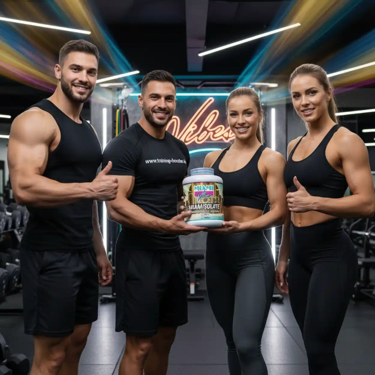 Vier fitte Sportler im Fitnessstudio präsentieren Miami Vibes Miamisolate Protein-Pulver.