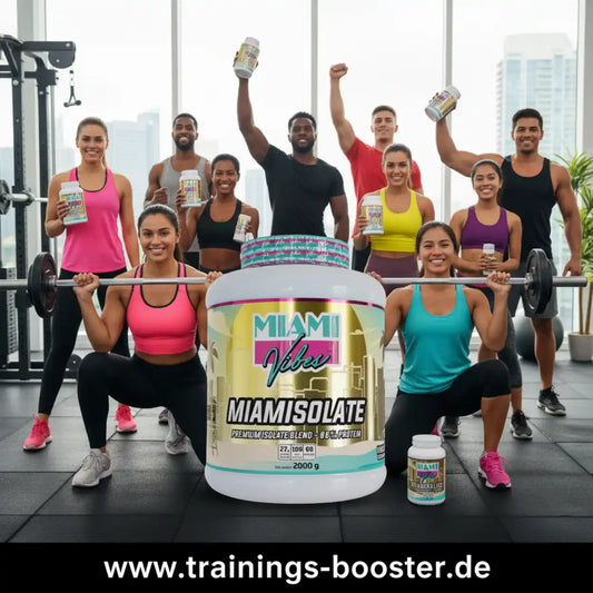 MIAMI VIBES MiamIsolate Proteinpulver 2000g im Fitnessstudio mit einer Gruppe von Sportlern.