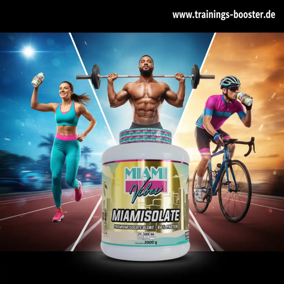 MIAMI VIBES Miamisolate 2000g Proteinpulver mit Sportlern beim Training und Radfahren