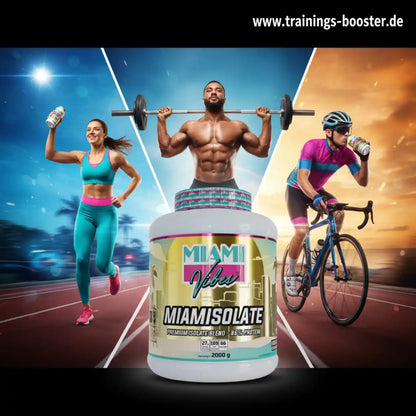 MIAMI VIBES Miamisolate 2000g Proteinpulver mit Sportlern beim Training und Radfahren