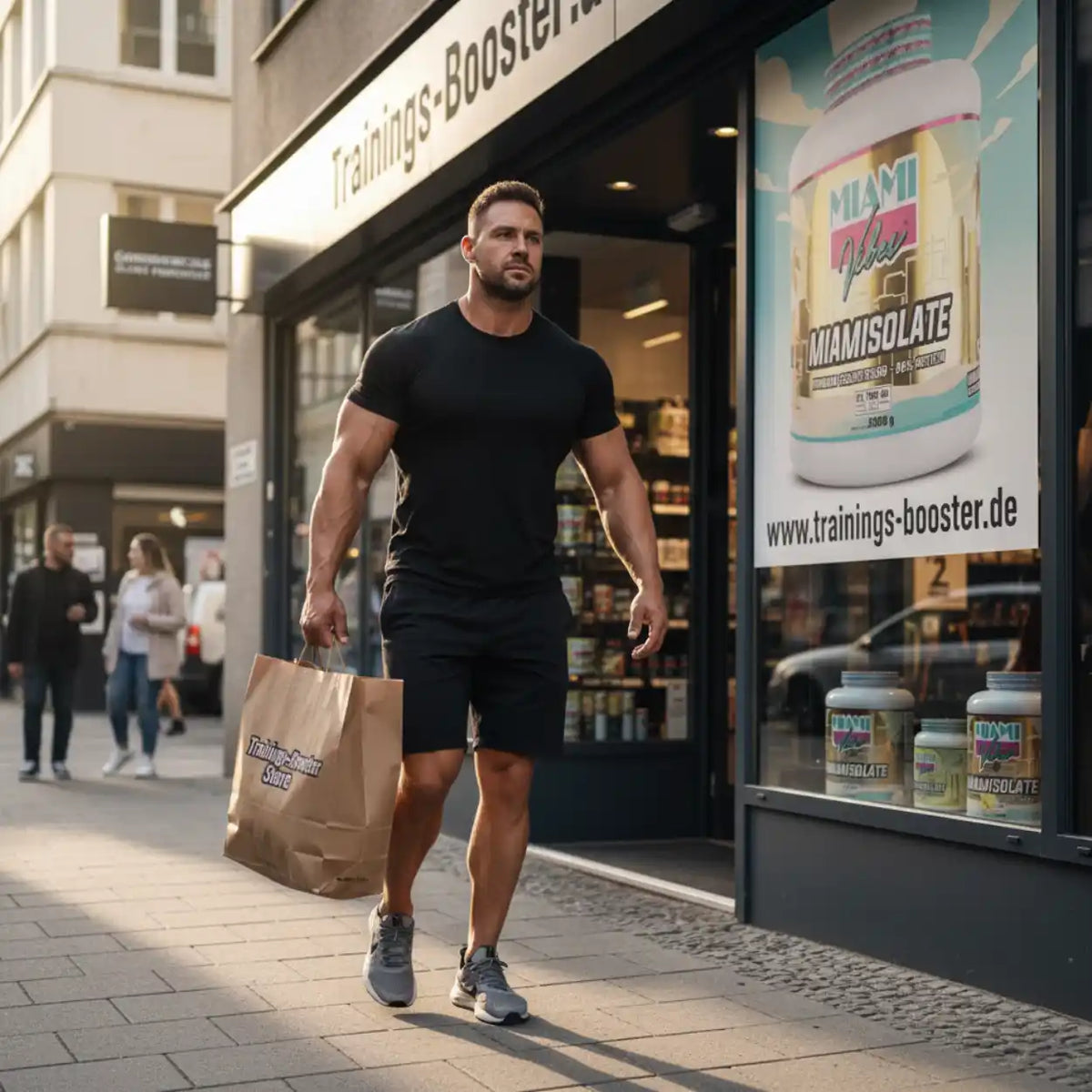 Muskulöser Mann mit Einkaufstüte vor einem Shop mit MIAMI VIBES MiamIsolate Werbung.