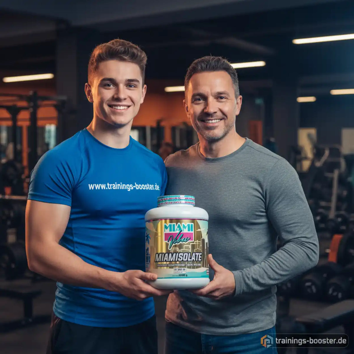 Zwei Männer im Fitnessstudio halten eine Dose MIAMI VIBES MiamIsolate Protein.