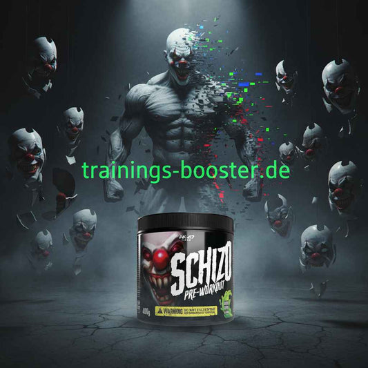 Schizo Pre-Workout Booster mit gruseligem Clown-Design für intensives Training