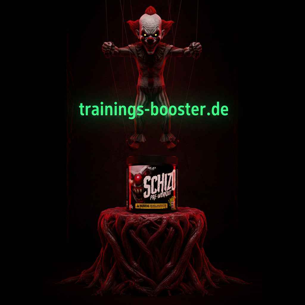 Schizo Pre-Workout Booster mit gruseligem Clown-Design auf rotem Podest