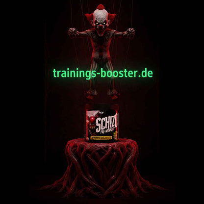 Schizo Pre-Workout Booster mit gruseligem Clown-Design auf rotem Podest