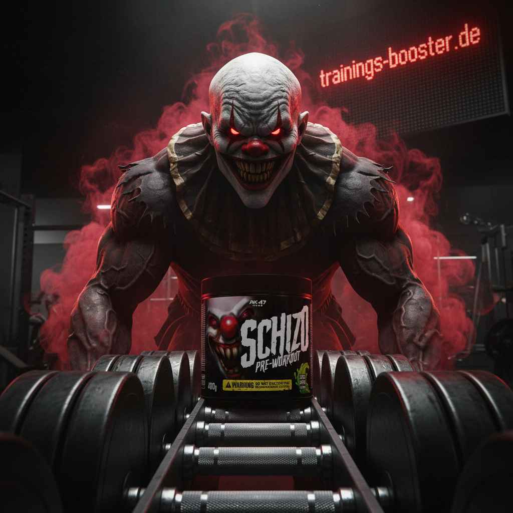 Schizo Pre-Workout Booster mit gruseligem Clown im Fitnessstudio