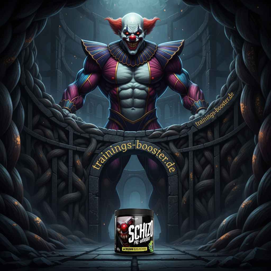 Schizo Pre-Workout Booster mit muskulösem Clown-Design und dunkler Atmosphäre
