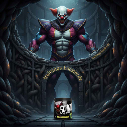 Schizo Pre-Workout Booster mit muskulösem Clown-Design und dunkler Atmosphäre