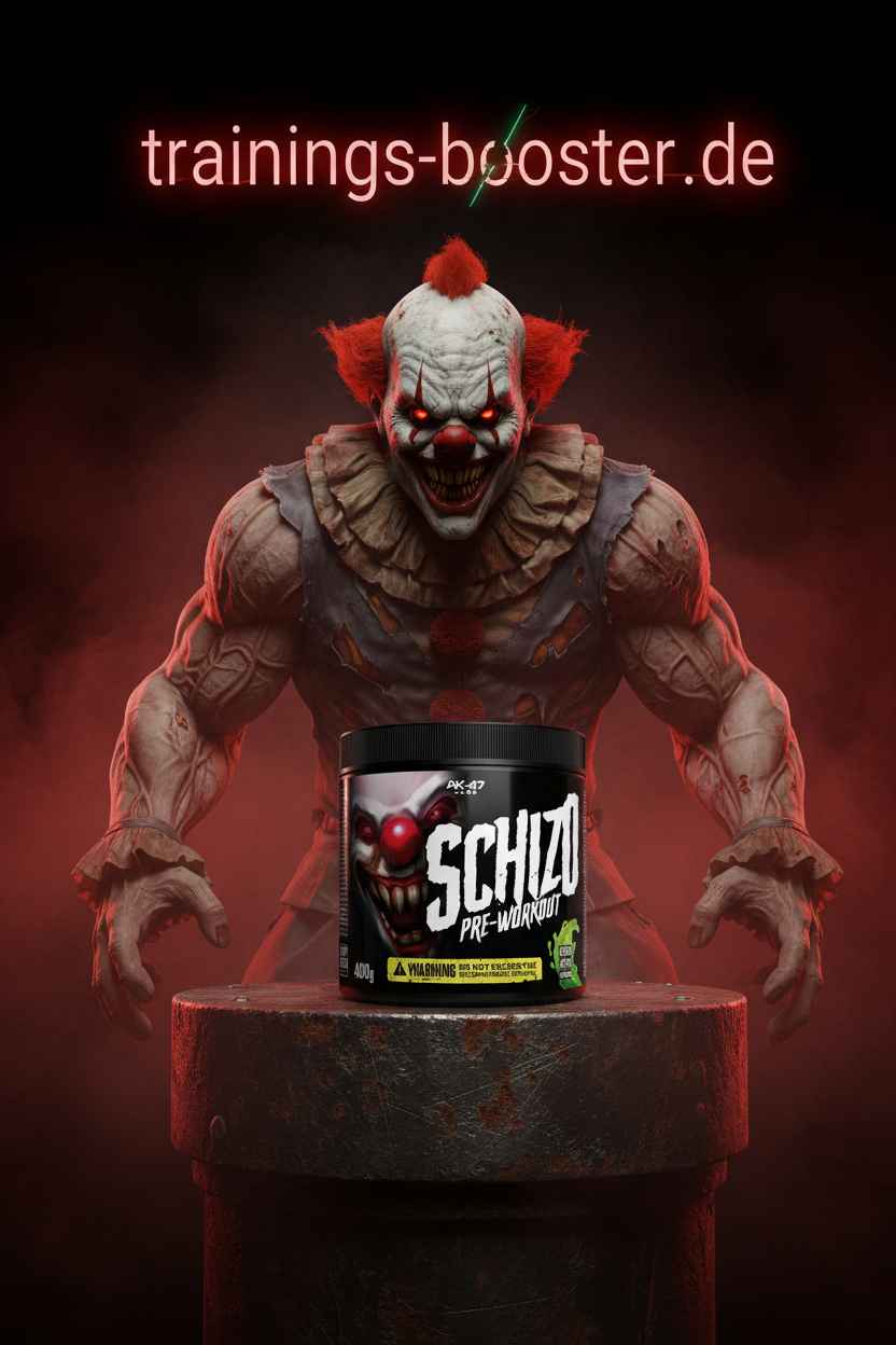 Schizo Pre-Workout Booster mit gruseligem Clown-Design für intensives Training