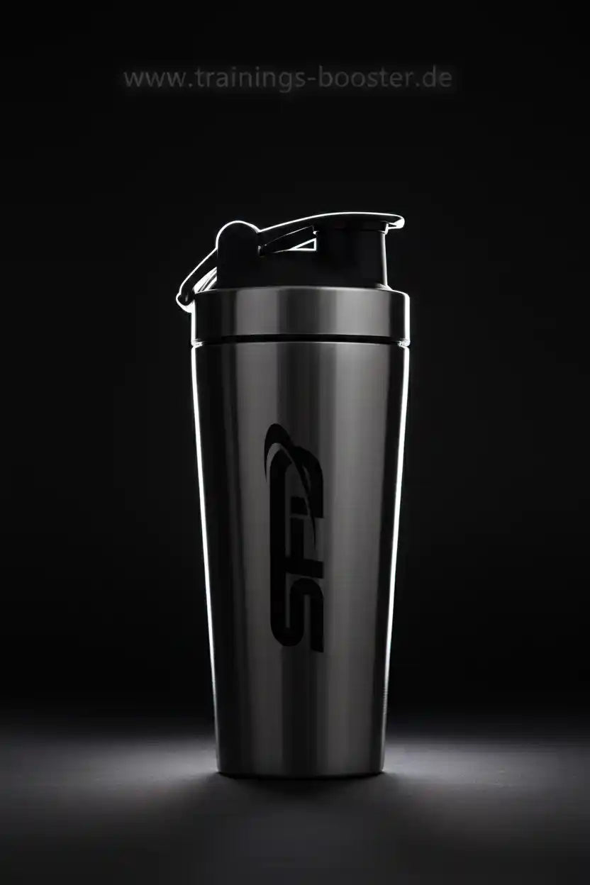 Stilvoller Shaker für Sportnahrung und Booster mit SFD-Logo auf schwarzem Hintergrund