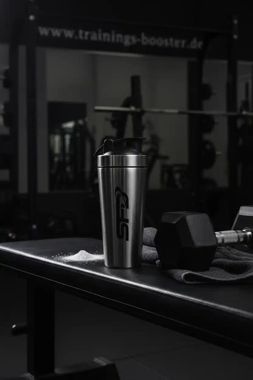 Edelstahl-Shaker mit SFB-Logo auf Trainingsbank, neben Hantel und Pulver, ideal für Sportnahrung und Booster