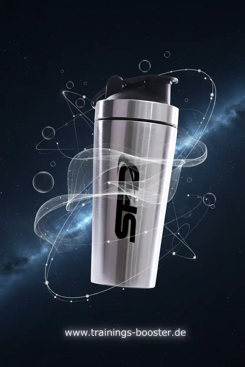 Edelstahl-Shaker mit SFD-Logo für Sportnahrung und Booster, ideal für Fitness und Training
