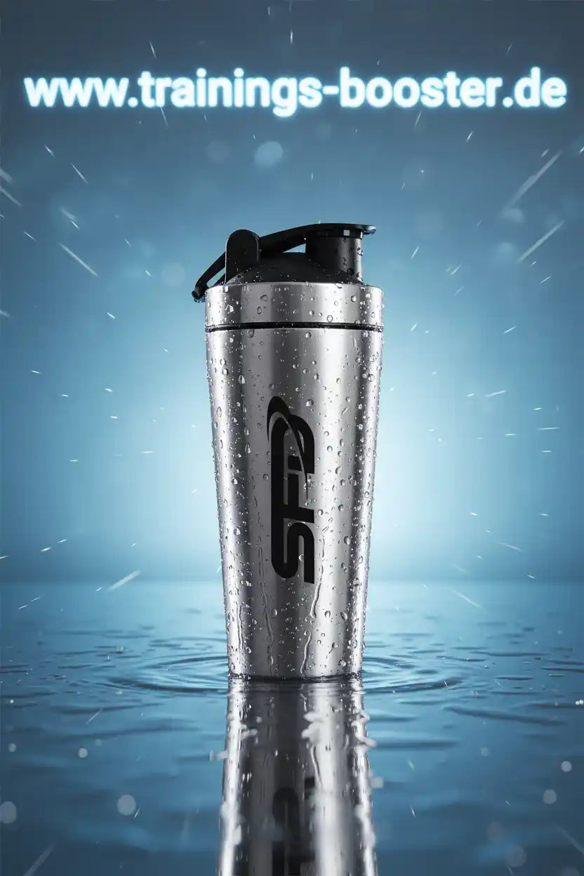 Nass glänzender Shaker mit SFD-Logo für Sportnahrung und Booster