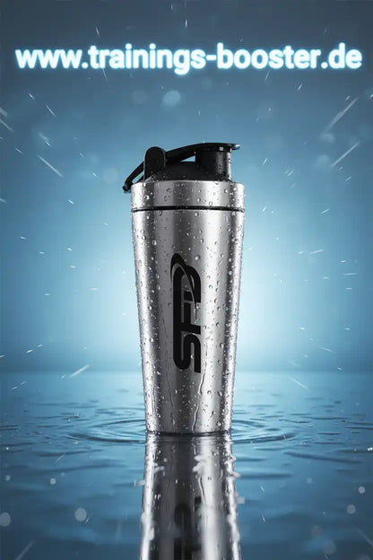 Nass glänzender Shaker mit SFD-Logo für Sportnahrung und Booster