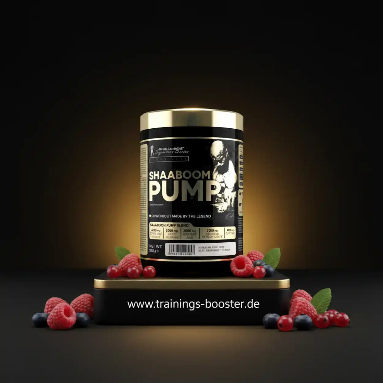 Shaaboom Pump Pre-Workout mit Beeren und Goldakzenten, ideal für Sport und Fitness