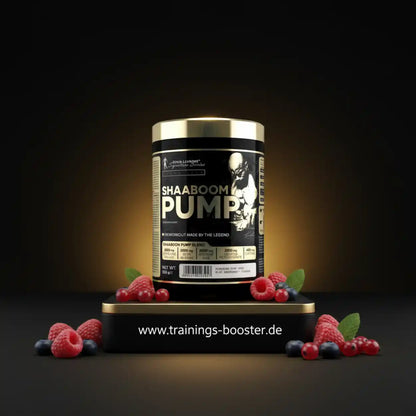 Shaaboom Pump Pre-Workout mit Beeren und Goldakzenten, ideal für Sport und Fitness