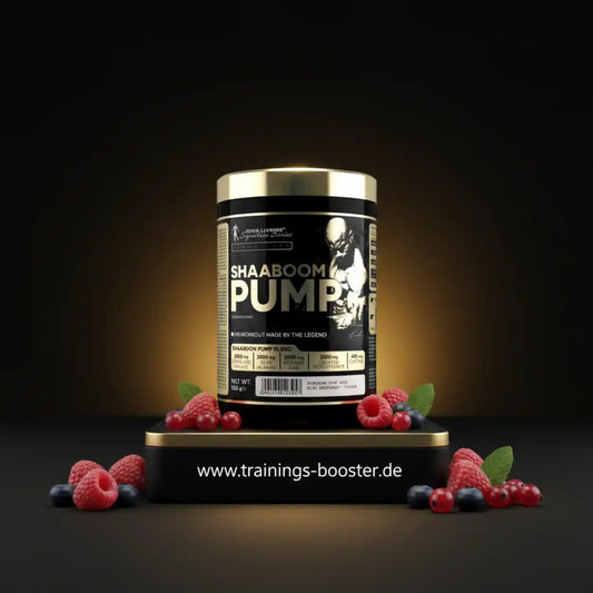 Shaaboom Pump Pre-Workout mit Beeren und Goldakzenten, ideal für Sport und Fitness