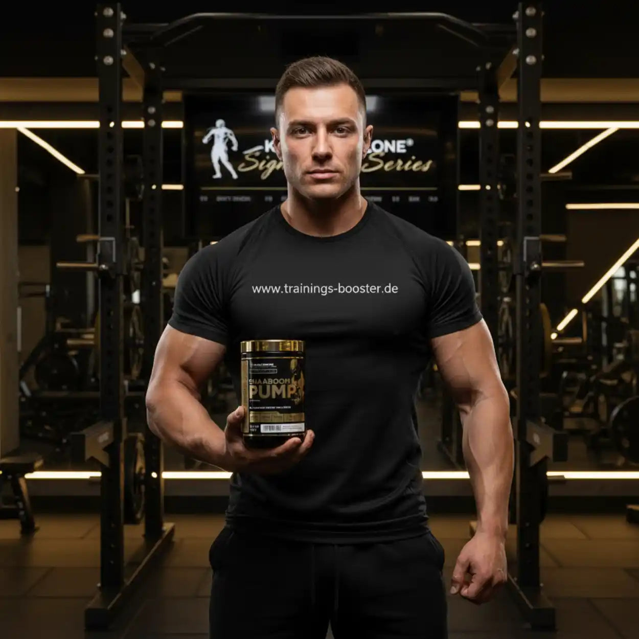 Muskulöser Mann hält CHAABOOM PUMP Booster in Fitnessstudio, ideal für Training und Muskelaufbau