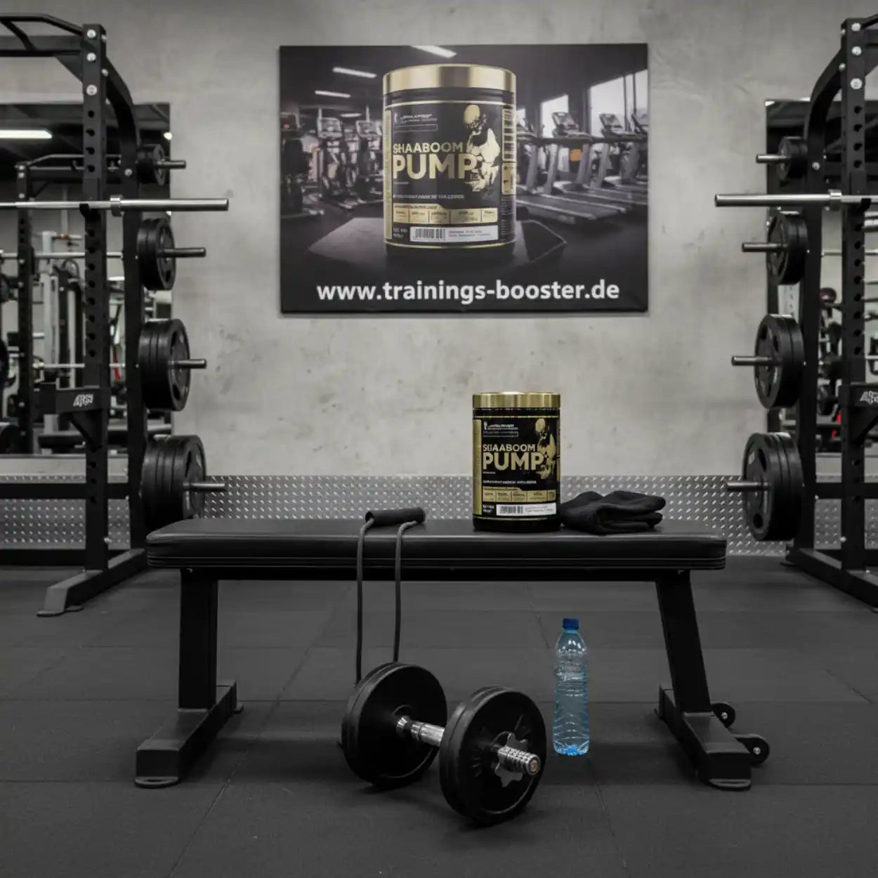 SHAABOOM PUMP Booster auf Bank im Fitnessstudio mit Hanteln und Wasserflasche