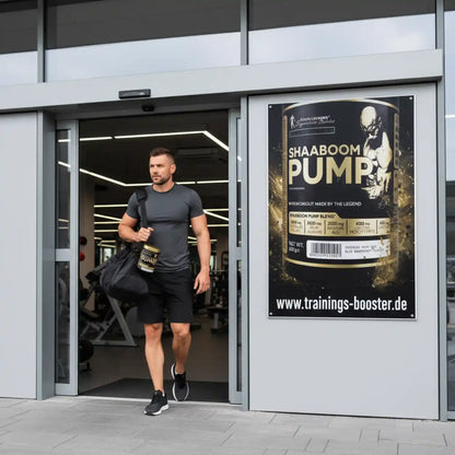 Muskulöser Mann mit Trainingsbooster Shaaboom Pump verlässt Fitnessstudio – ideal für Krafttraining & Muskelaufbau