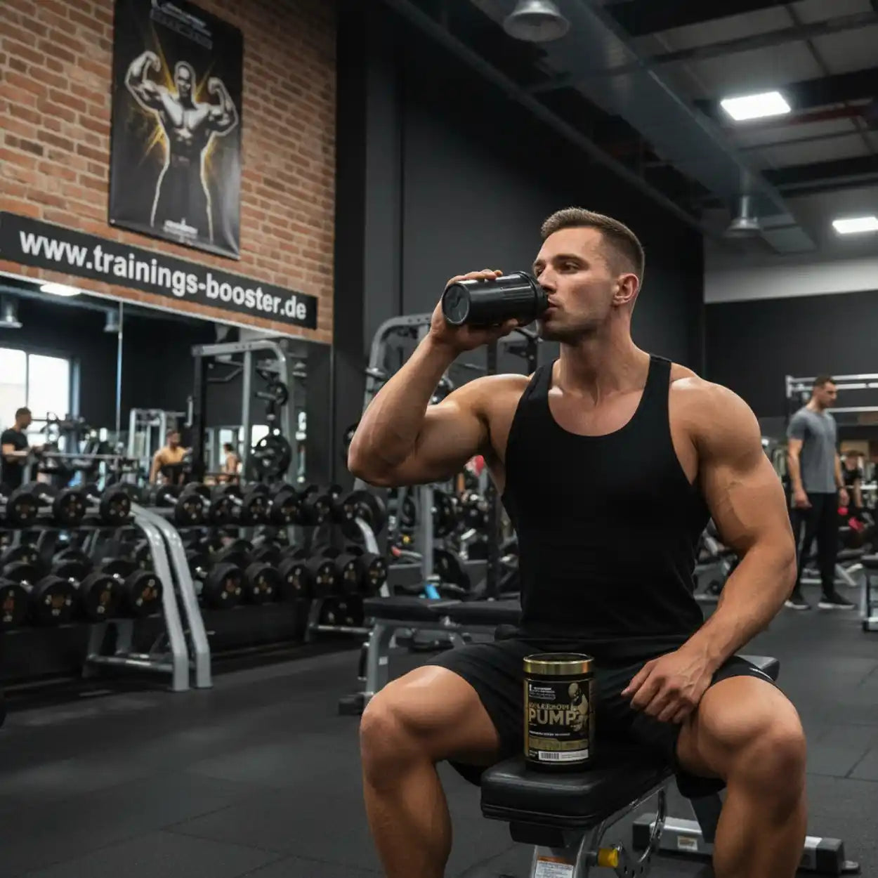 Muskulöser Mann trinkt Booster im Fitnessstudio, neben ihm Dose mit Pump-Formula