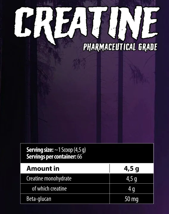 Creatin Monohydrat Pulver Nährwerttabelle, lila Hintergrund, Portion pro Löffel 4,5g.