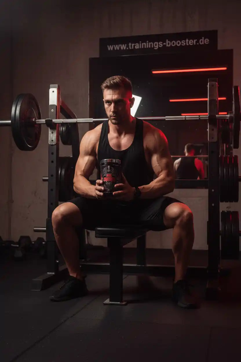Muskulöser Mann im Fitnessstudio mit Booster-Produkt, ideal für Training und Muskelaufbau