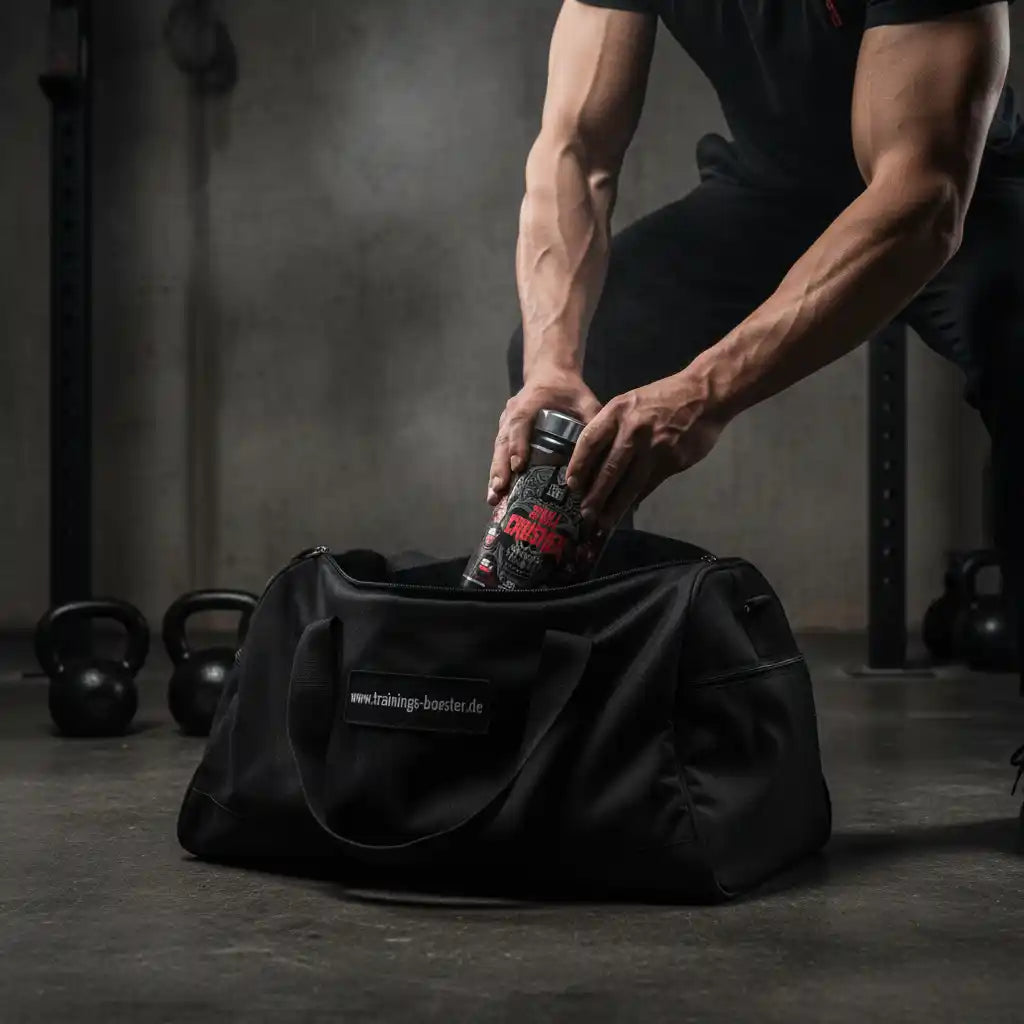 Muskulöser Mann packt Sportnahrung in schwarze Trainings-Tasche mit trainings-booster.de Logo im Fitnessstudio