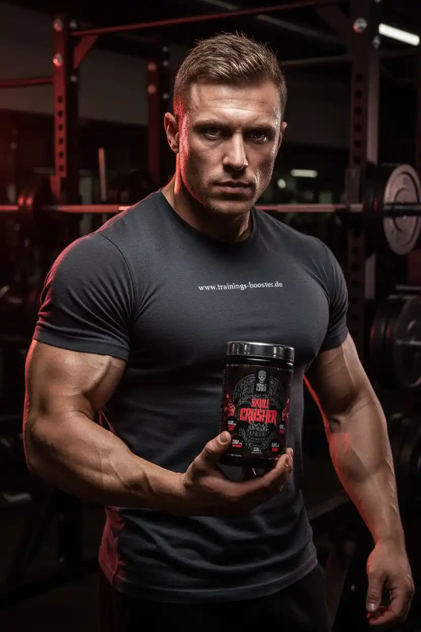 Muskulöser Mann im Fitnessstudio mit Booster-Produkt, ideal für Training und Muskelaufbau