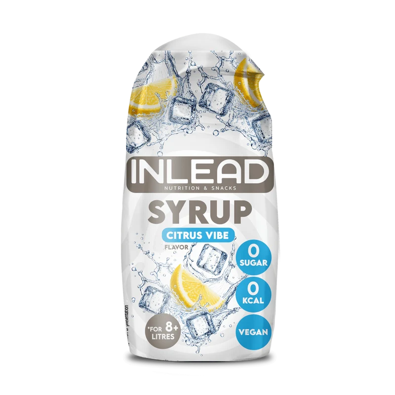 Inlead Nutrition Syrup Citrus Vibe, zuckerfrei und vegan, Flasche mit Zitronen und Eiswürfeln