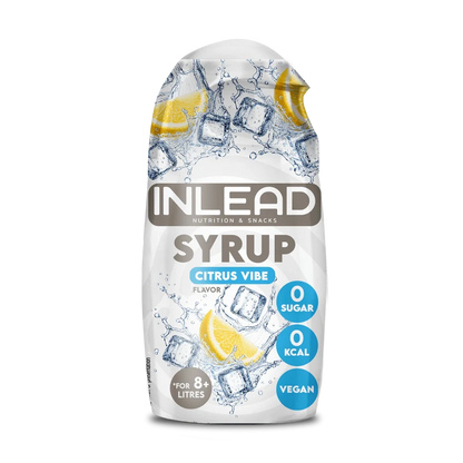 Inlead Nutrition Syrup Citrus Vibe, zuckerfrei und vegan, Flasche mit Zitronen und Eiswürfeln