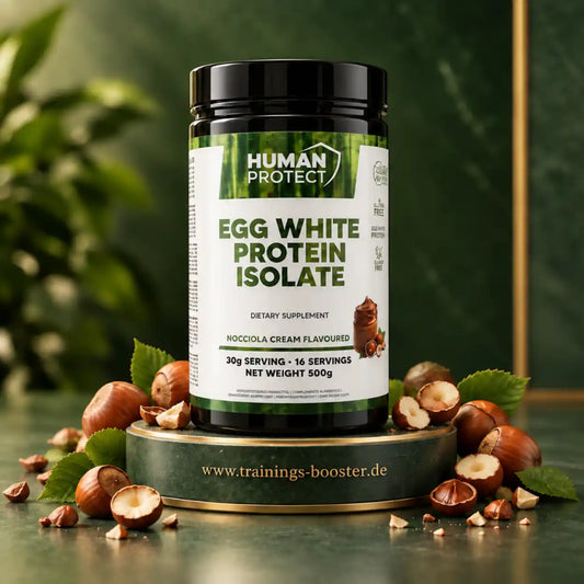 Human Protect Egg White Protein Isolate, Geschmack Nocciola Cream, 500g Dose mit Haselnüssen.