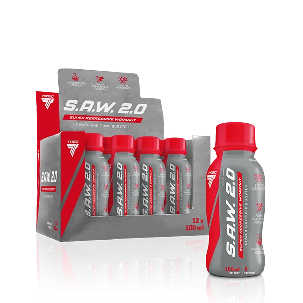 S.A.W. 2.0 Booster Shots 12x100ml mit Kirsch-Birne Geschmack, Pre-Workout Drink in grauen und roten Flaschen