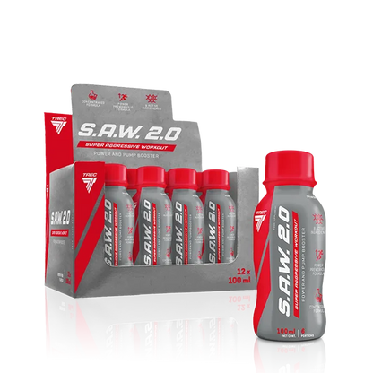 S.A.W. 2.0 Booster Shots 12x100ml mit Kirsch-Birne Geschmack, Pre-Workout Drink in grauen und roten Flaschen