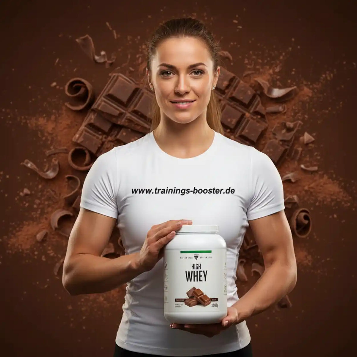 Muskulöse Frau hält eine Dose High Whey Protein mit Schokoladen-Design vor braunem Hintergrund.