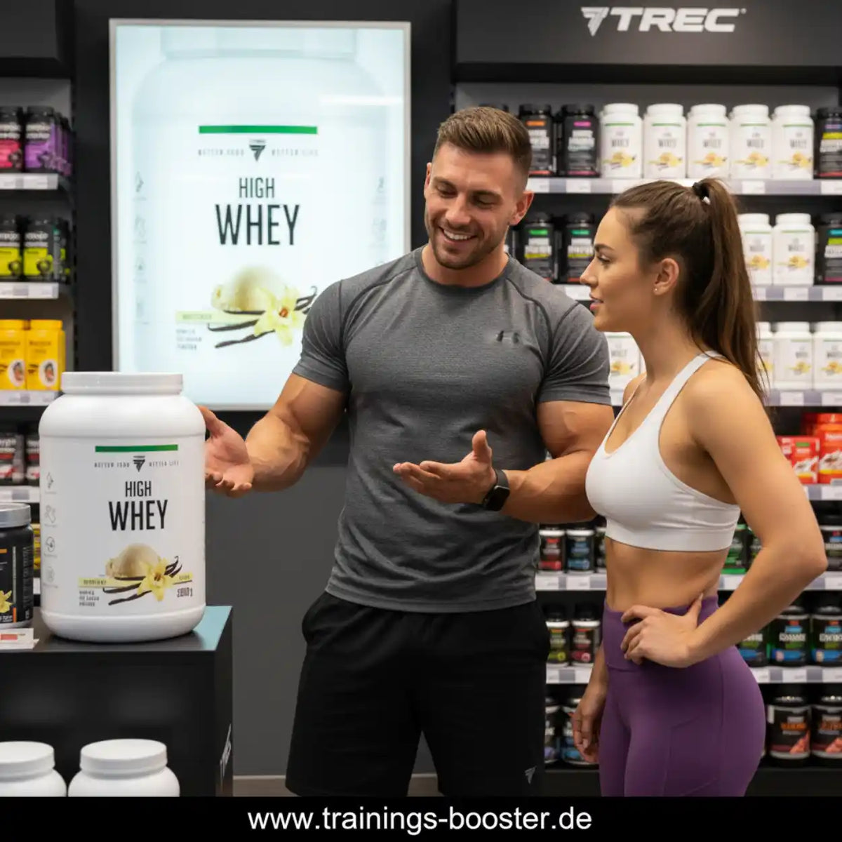 Muskulöses Paar im Supplement-Shop mit einer Dose High Whey Proteinpulver.