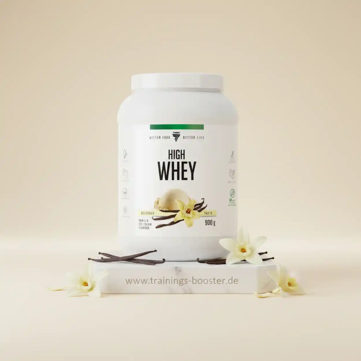 High Whey Proteinpulver Vanille Geschmack in weißem Becher