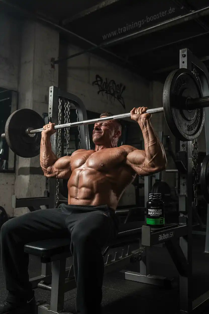 Muskulöser Mann beim Gewichtheben mit Tribulus Maximus Booster im Fitnessstudio